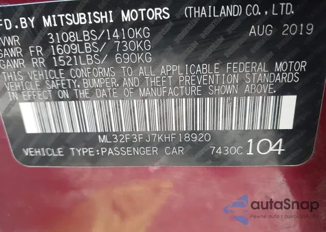 2019 Mitsubishi Mirage G4 Es from USA, damaged, VIN ML32F3FJ7KHF18920